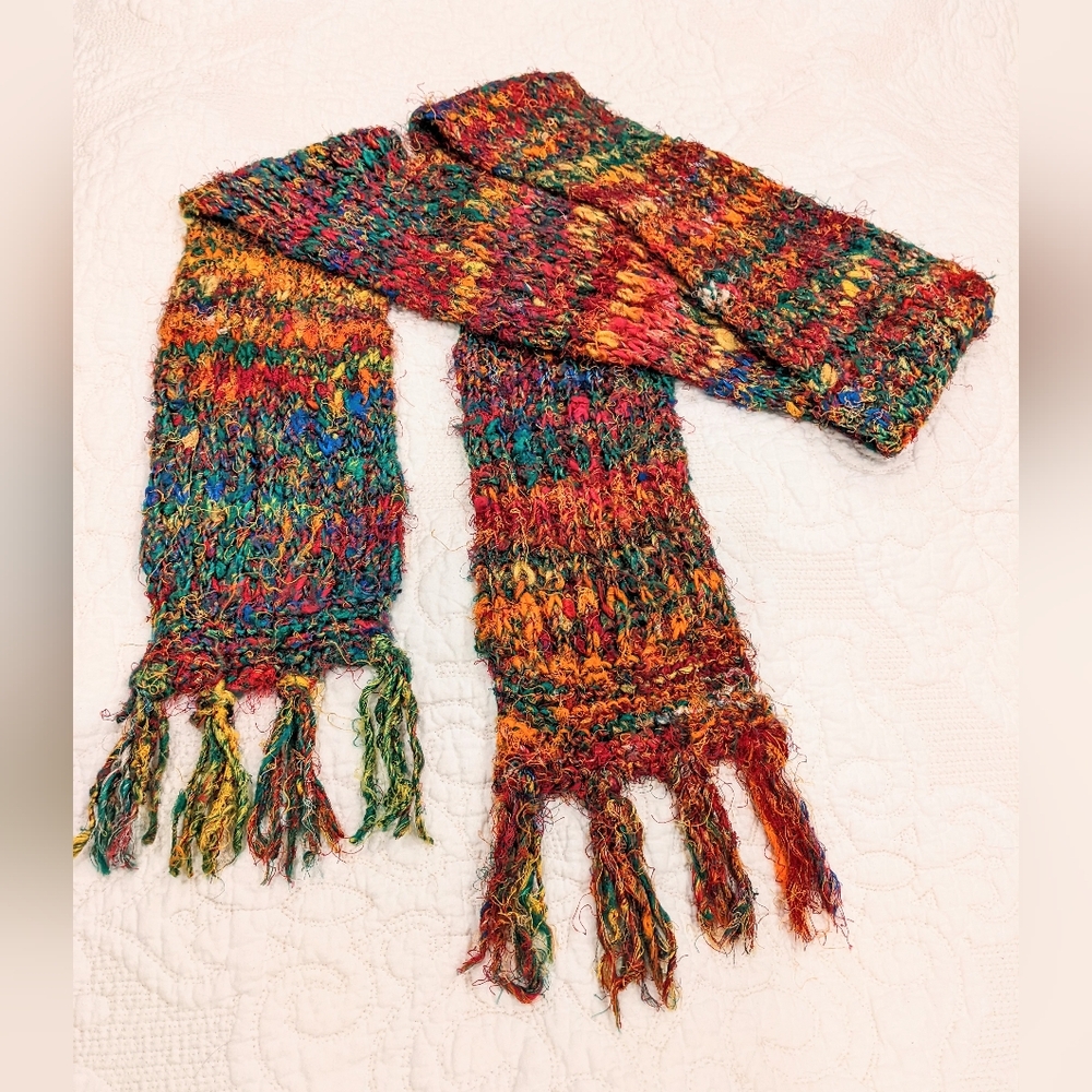 Silk knit scarf Scandi Girl Bright colors Boho Fringe handmade Soft 76" long EUC